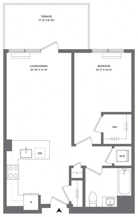 Floor plan for 1 bed, 1 bath, 713 sqft